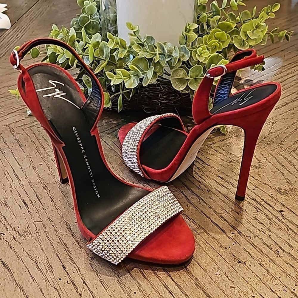 Giuseppe Zanotti Design red velvet sparkle heels size 37 or 6.5-7